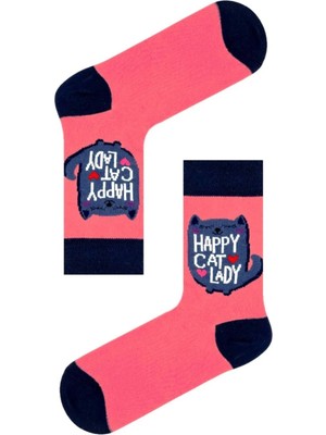 Bemp Happy Cat Lady Kedi Desenli Renkli Soket Çorap