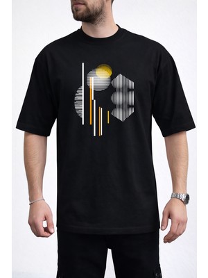 Caddekombin Erkek Geometrik Kavisli Çizgi Baskılı Bisiklet Yaka Siyah T-Shirt
