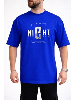 Caddekombin Erkek Night Center Yazı Baskılı Bisiklet Yaka Saks Mavi T-Shirt