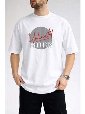 Caddekombin Erkek Lineer Çizgi Unlimited Yazı Baskılı Bisiklet Yaka Beyaz T-Shirt