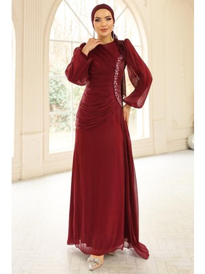 Olcay Inci ve Pilise Detaylı Yoryo Ipek Tesettür Abiye Elbise Bordo 1249