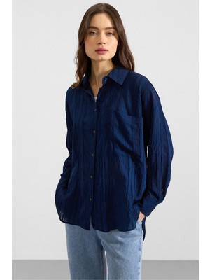 Olcay Kendinden Desenli Salaş Gömlek Lacivert 9408