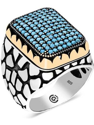 Fumeyabi Gümüş Turkuaz Zirkon Taşlı Kare Erkek Yüzük