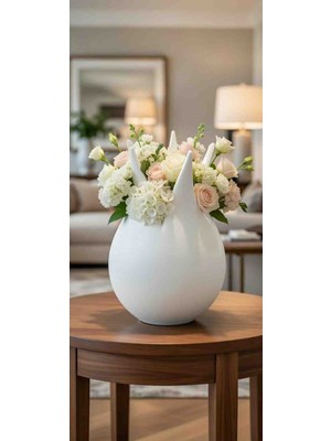 Modern Minimalist Beyaz Dekoratif Vazo - Lale Formlu Çiçeklik | Salon & Oturma Odası Dekoru