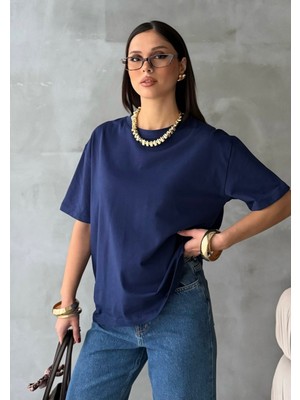 Bejna Kadın Bisiklet Yaka Oversize %100 Pamuklu Basic T-Shirt