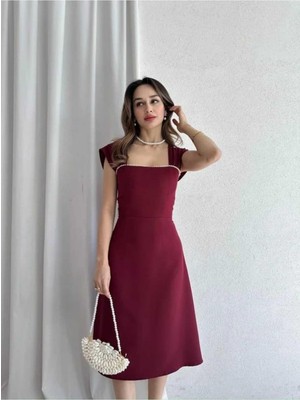 Moda Durağı Sıralı Incili Midi Elbise Bordo