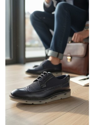 Enoch Hakiki Deri Lacivert Casual Ayakkabı (Brogue ve Örgü Detaylı)