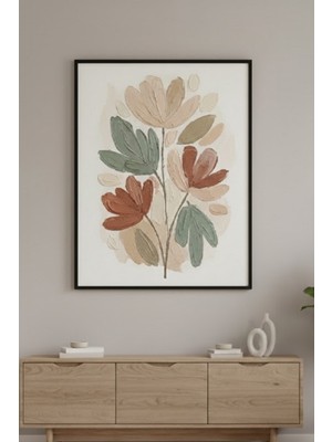 Safir Design Iskandinav Tarzı Bohem Floral Çerçeveli Tablo- Toprak Tonları Soyut Çiçekli Salon Tablosu
