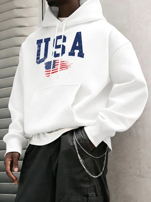 Abd Harfli Amerikan Bayrağı Baskılı Erkek Klasik Kapüşonlu Sokak Stili Günlük Polar Sweatshir