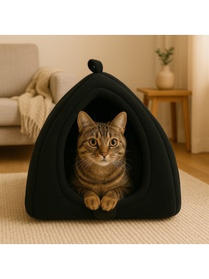 Be Active Kedi Mağarası Siyah Polar Kedi ve Köpek Yatağı Yumuşak ve Sıcak Evcil Hayvan Yatak Minderi