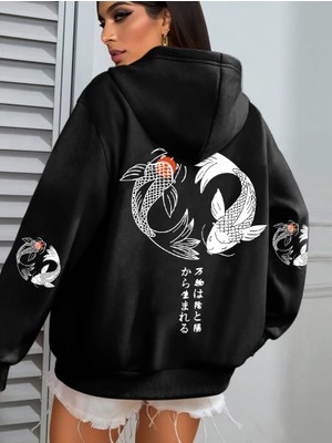 Japon Koi Harajuku Çizim Baskılar Kadın Hoodie Gevşek Y2K Hoody Renkli Sonbahar Hoodies Polar