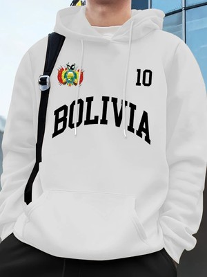 Bolivya Amblemi Mektup Baskı Hoodie Erkek Sportif Gevşek Kazaklar Kış Polar Sıcak Kazak Koşu