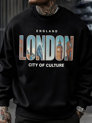 Londra Şehir Desenli Kazak Erkek Sokak Bisiklet Yaka Kazak Polar Tüm Maç Spor Giyim Hipster S