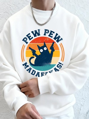 Madafakas Çift Silahlı Kedi Baskılı Erkek Kapüşonlu Üstü Sonbahar Polar Sıcak Sweatshirt Günl