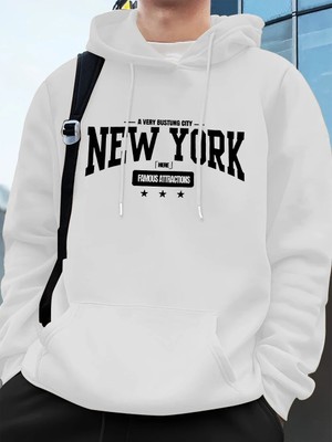 New York Bustling City Baskılı Erkek Tişörtü Kışlık Oversize Kapüşonlu Üst Spor Cepli Polar S