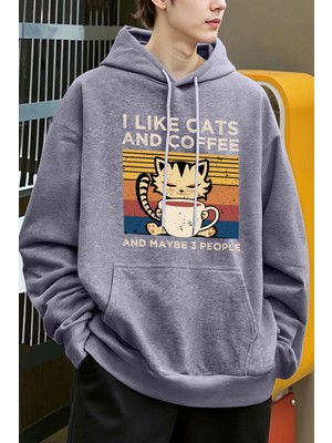 Sevimli Kedi Kahve Içiyor Desen Erkekler Y2K Hoody Hip Hop Polar Moda Hoodie Büyük Boy Sokak