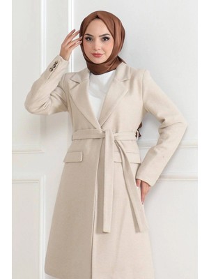 Beta Moda Hub Kaşe Kaban – Uzun Boy Kruvaze Yaka, Kuşaklı Tesettür Kışlık Kaban, Astarlı Şık Yünlü D