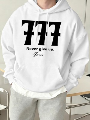 Never Give Up Number 777 Print Basics Sokak Kapüşonluları Erkekler Polar Yumuşak Sokak Giyimi
