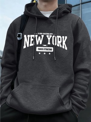 New York Bustling City Baskılı Erkek Tişörtü Kışlık Oversize Kapüşonlu Üst Spor Cepli Polar S