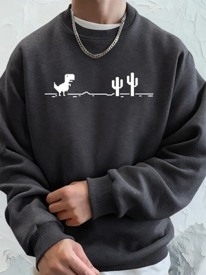 Dinozorlar Kaktüs Üzerinde Baskı Erkekler Kazak Kış Polar Sıcak Kapüşonlular Kore Gevşek Bisi