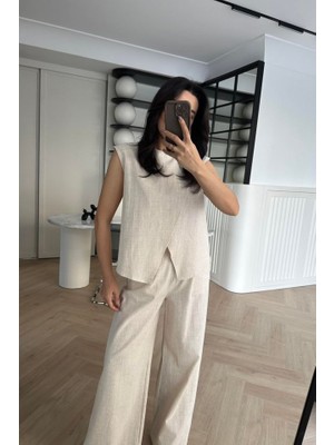Gökyüzü Moda Kadın Keten Kumaş Asimetrik Kesim Bluz ve Salaş Pantolon Ikili Takım