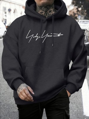 Sanatsal Yazı Desenli Kapüşonlu Üstler Erkekler Sonbahar Polar Yumuşak Uzun Kollu Yuvarlak Ya