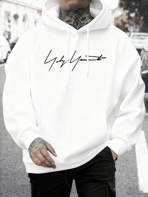 Sanatsal Yazı Desenli Kapüşonlu Üstler Erkekler Sonbahar Polar Yumuşak Uzun Kollu Yuvarlak Ya