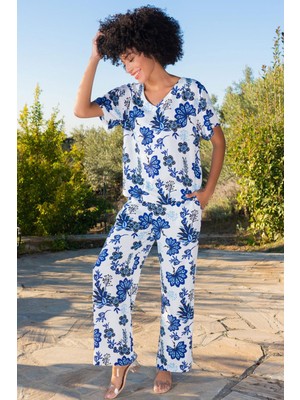Godewo Çiçek Desenli V Yaka Kadın Pijama Takımı K410006