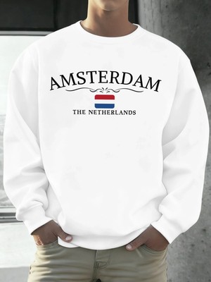 Amsterdam Hollanda Baskılar Erkekler Polar Hip Hop Spor Uzun Kollu Bisiklet Yaka Gevşek Kazak