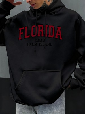 Florida 1989 Palm Island Baskılı Erkekler Kapşonlu Rahat Büyük Boy Kazak Sonbahar Polar Kapüş