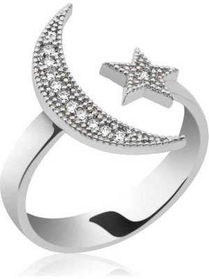 Katre46 925 Ayar Gümüş Ay Yıldız Yüzük