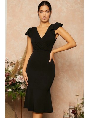 Kadın Kısa Kelebek Kollu Kruvaze Yaka Ithal Krep Midi Elbise