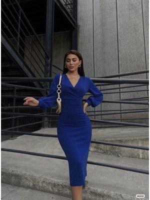 Serac Collection Kadın Kruvaze Yaka Balon Kol Simli Krep Kumaş Midi Boy Elbise