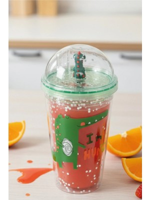 M&B Water Bottle Dinozor Temalı Pipetli Bardak Yeşil Renkli Plastik Su ve İçecek İçin Eğlenceli Kullanım