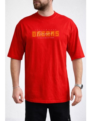 Caddekombin Erkek Follow Your Dreams Yazı Baskılı Bisiklet Yaka Kırmızı T-Shirt
