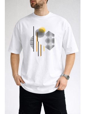 Caddekombin Erkek Geometrik Kavisli Çizgi Baskılı Bisiklet Yaka Beyaz T-Shirt