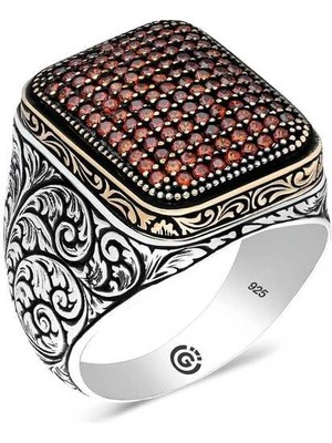 Fumeyabi Gümüş Kırmızı Zirkon Taşlı Kare Erkek Yüzük