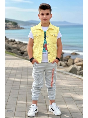 Riccotarz Erkek Çocuk Sırtı Tiger Yazı Baskılı Kolsuz Sarı Kot Ceket ve Baskılı T-Shirt Alt Üst Takım