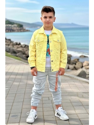 Riccotarz Erkek Çocuk Digital Kaplan Baskılı Tişört ve Sırt Detaylı Sarı Jean Ceket Alt Üst Takım