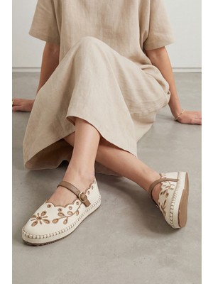 Marjin Kadın Mary Jane Keten Nakışlı Desenli Bantlı Jüt Espadril Babet Forven Ekru Keten