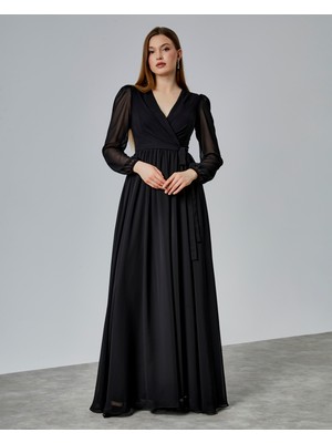 Asees Kruvaze Yaka Kuşaklı Şifon Abiye Elbise