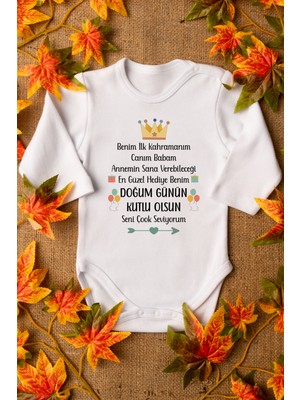 Overoz Beyaz Uzun Kollu Bebek Body Zıbın Pamuk Baskılı Doğum Günün Kutlu Olsun 3-6 Ay
