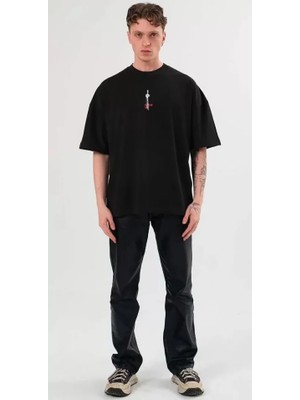 ModaSize Unisex Bisiklet Yaka Baskılı Oversize T-Shirt - Siyah