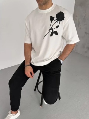 ModaSize Unisex Bisiklet Yaka Baskılı Oversize T-Shirt - Beyaz
