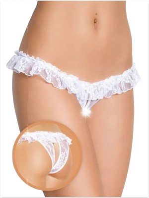 İlkyaz Fashion Ieg™ Fantezi Üstü Fırfırlı Ağı Açık Beyaz Dantel Tanga - String
