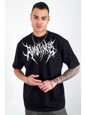 ModaSize Unisex Bisiklet Yaka Baskılı Oversize T-Shirt - Siyah