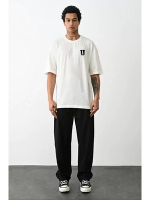 ModaSize Unisex Bisiklet Yaka Baskılı Oversize T-Shirt - Beyaz