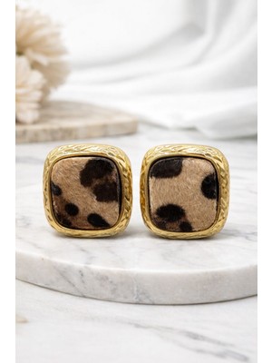 Vipfoni Kare Leopar Çelik Kadın Küpe