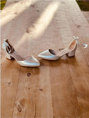 İlkinin Pabuçları Incili Gelin Ayakkabısı, Taşlı Küçük Incili Kadın Abiye Ayakkabı, 3cm Kalın Topuklu Rahat Tasarım