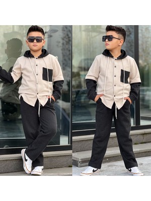 Burçak Butik Erkek Çocuk Kapüşonlu Gömlek - Pantolon -  Selanik Kumaş Alt Üst Likralı 2 Parça Şık Takım - Bayramlık